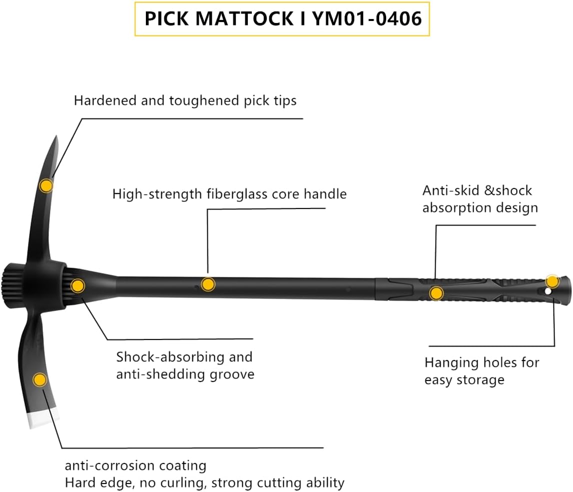 glorousamc Forged Adze Pick, Weeding Mattock Hoe Pick Mattock with Fiberglass Handle, Garden Pick