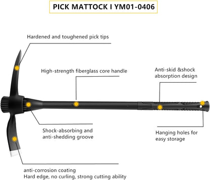glorousamc Forged Adze Pick, Weeding Mattock Hoe Pick Mattock with Fiberglass Handle, Garden Pick