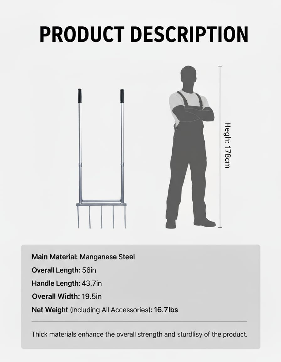 5-Tine Broad Fork Heavy Duty Garden Fork Built Tough for Lasting Durability Loosen and Aerate Clay