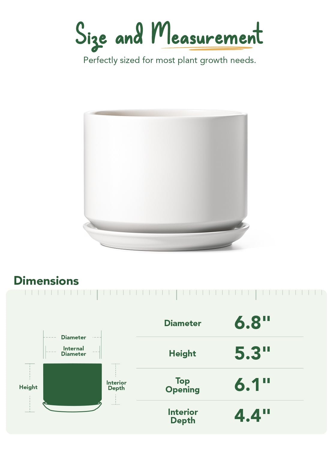 LE TAUCI Ceramic Pots for Plants, 6.8 Inch Plant Pots with Drainage Hole & Saucer, Modern Planter