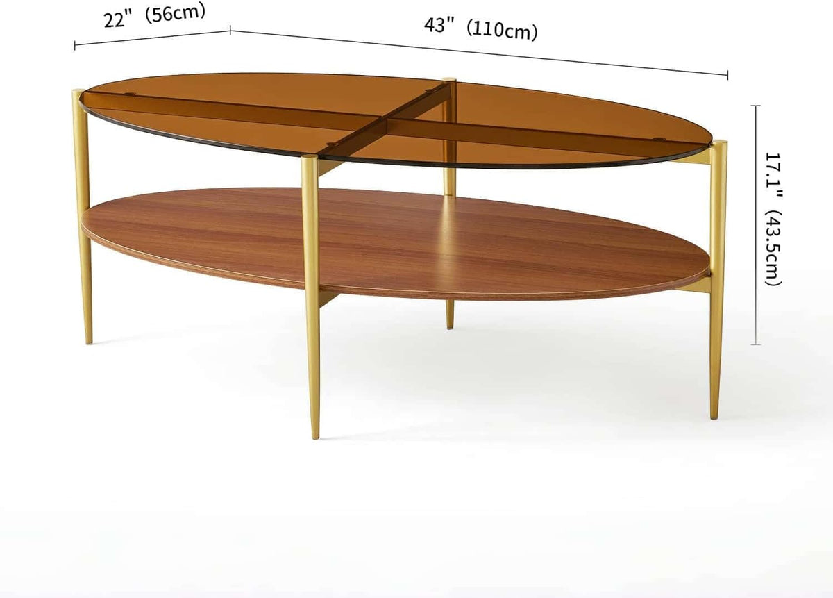 Oval Glass Coffee Table, Mid-Century Modern Design, L43 x W22 x H17 inch, 2-Tier Structure, Olive