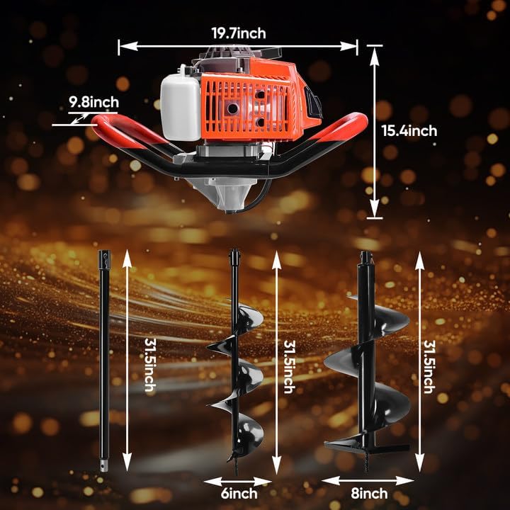 72CC Post Hole Digger, 2 Stroke Auger Post Hole Digger Gas Powered with 2 Augers Drill Bits 6" 8"+1