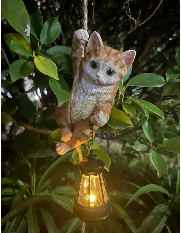 Cat Garden Decor Outdoor Statues Resin Climbing Twine with LED Light Waterproof Hanging Animal