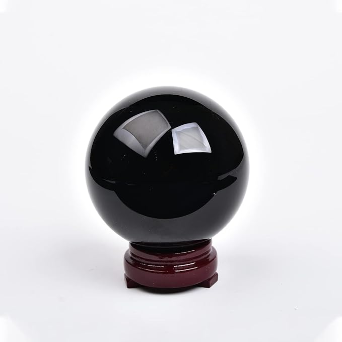 JIC Gem Small Black Obsidian Sphere Crystal Ball with Wooden Stand for Fengshui Healing Meditation