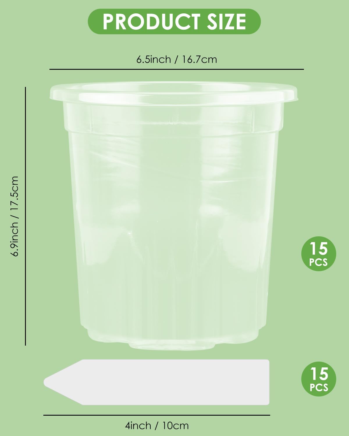 PACETAP 15Pack 6.5 Inch Reinforced Clear Nursery Pots with Drainage Holes, Thickened Plastic Plant