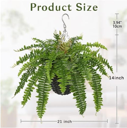 Hollyone 21" Artificial Boston Fern Hanging Basket 31 Leaves Fake Ferns in Rattan Pot Medium