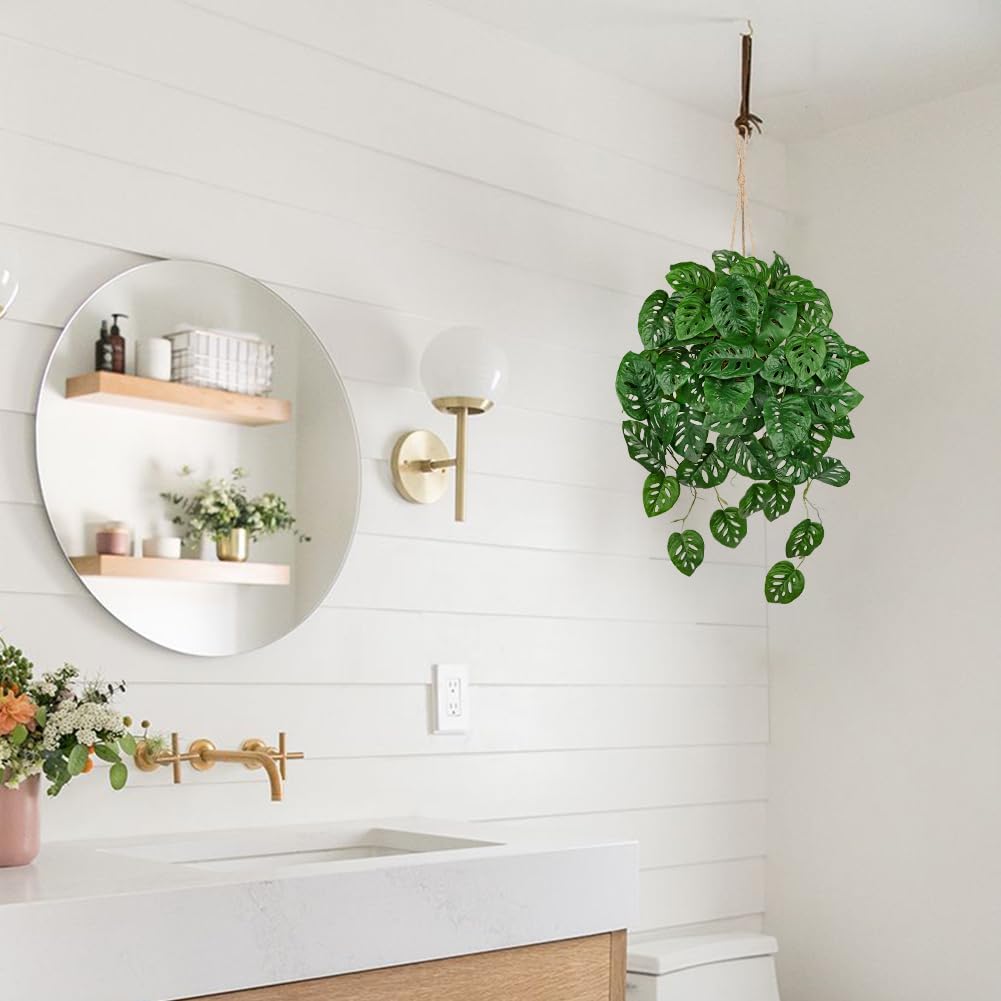 Large Fake Hanging Plants in Pot for Indoor & Outdoor, Long Artificial Monstera Albo Long Plants