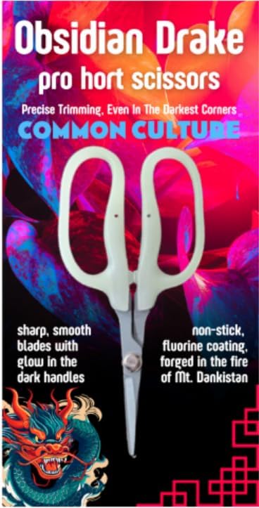 Obsidian Drake Pro Hort Trimming Scissors - Non-Stick Fluorine L-Shape Blade - Glow in the Dark