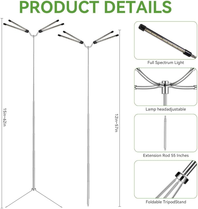 Grow Lights for Indoor Plants Full Spectrum,15-62 Inches Height Adjustable Dsektop and Standing
