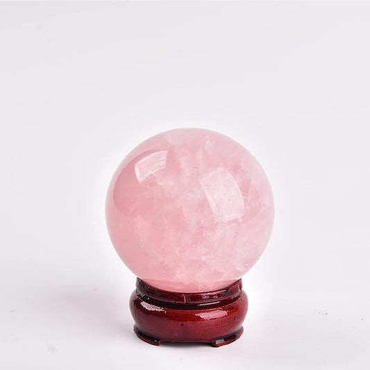 JIC Gem 2.9 Inch Natural Pink Rose Quartz Magic Crystal Healing Ball Ornament Sphere with Wood