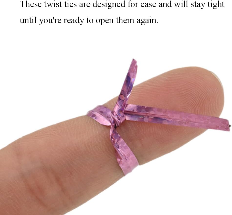 HAHIYO 300Pcs 4inches Holographic Pink Metal Twist Ties Bread Candy Coffee Bag Ties Plant Garden