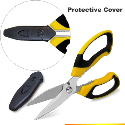 Heavy Duty 8'' Multipurpose Scissors with Protective Cover, Stainless Steel Serrated Blades, Easy