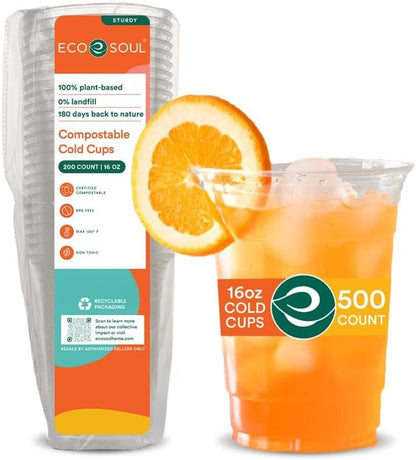 ECO SOUL 100% Compostable, Disposable Party Cups | Eco-friendly Party Cups | (500 Count, 16 oz Cold