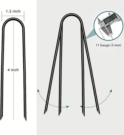4 inch 25 Pack U Shape Black Garden Stakes,11 Gauge Garden Pins,U-Shaped Tent Stakes,Galvanized