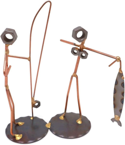 Fisherman with Wife Collectible Handmade Metal Art Figurine, Desk Accessories, Trophy, Boss Gift