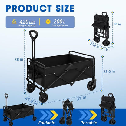Wagons Carts Foldable, Collapsible Wagon with All-Terrain Wheels 420lbs Weight Capacity Heavy Duty