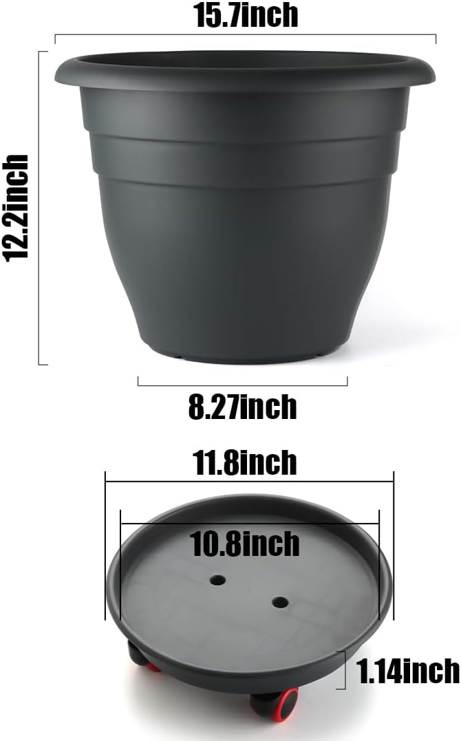 3-Pack Jumbo 15.7 Inch Planters with Rolling Saucers & Drainage – Large Flower Pots for