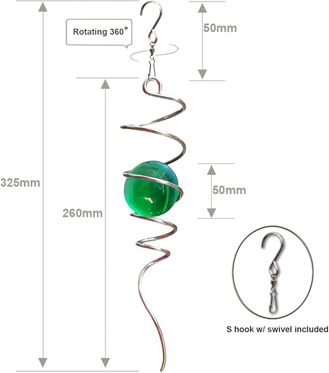 FONMY Gazing Ball Spiral Tail Wind Spinner Stabilizer with Swivel Hook 11inch Stainless Steel Tail