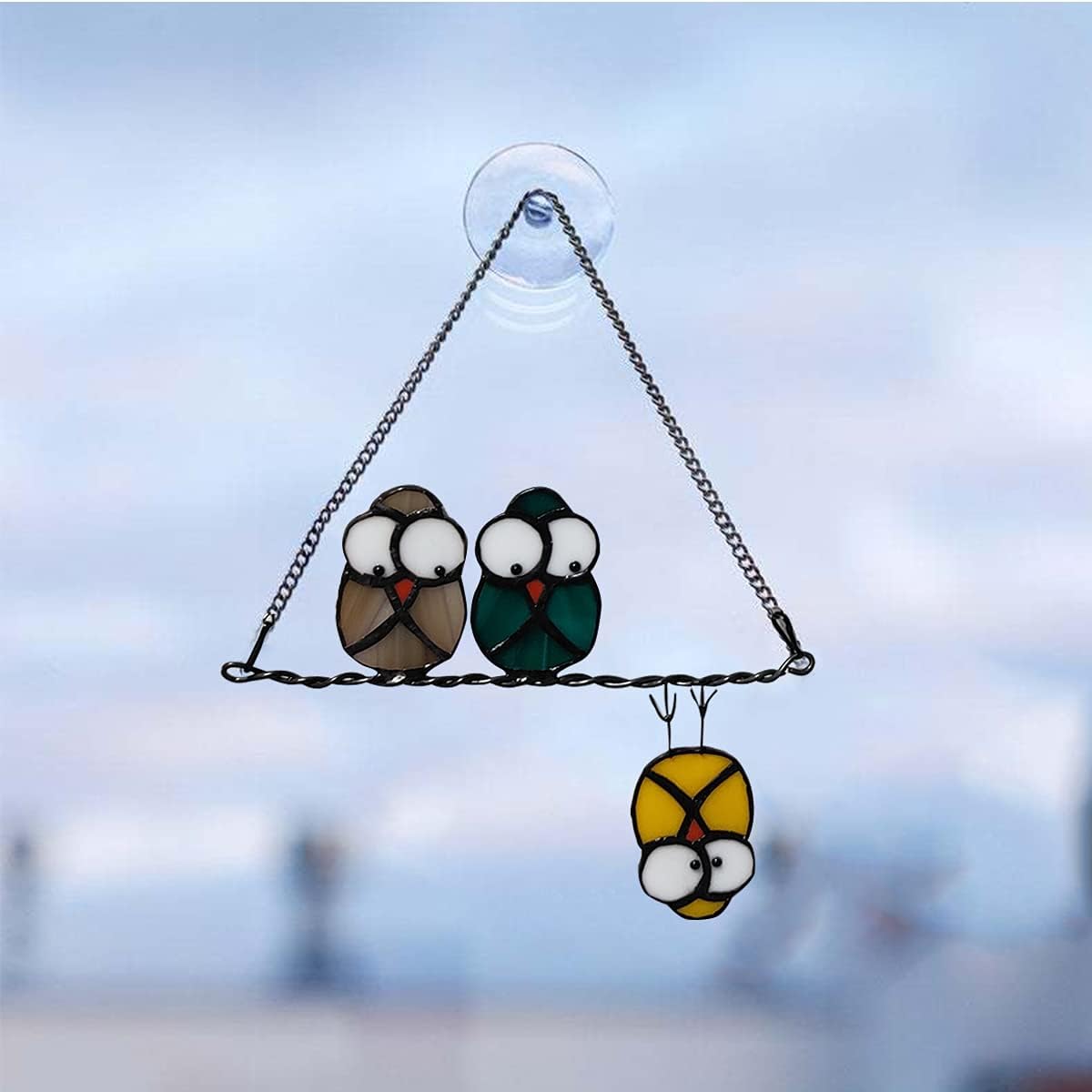 Multicolor Owls on a Wire High Stained Glass Suncatcher Panel, Bird Suncatcher for Windows Doors