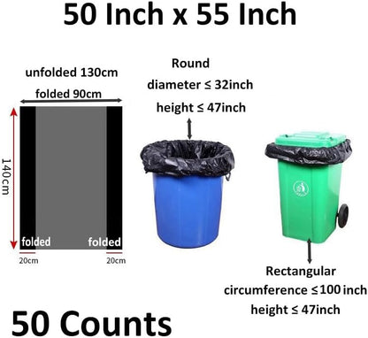 65 Gallon Trash Bags 1.8 Mil -50''x55'' Pack of 50 Thick Large Heavy Duty Multi-Use Garbage Bags
