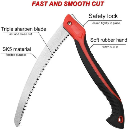 12 Inch Heavy Duty Pruning Saw, Folding Hand Saw with SK5 Curved Blade, Triple-cut Razor Teeth Used