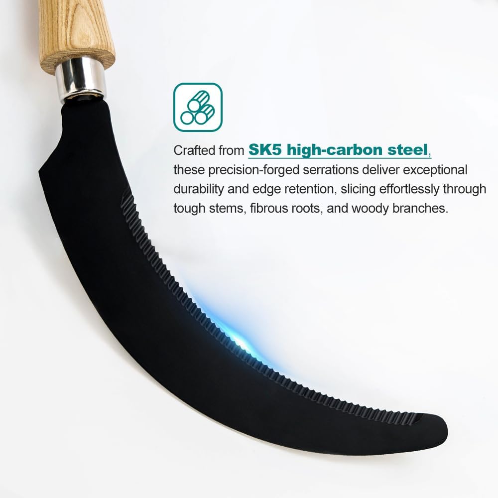 Berry&Bird Grass Sickle with Sawtooth, Heavy Duty SK5 Carbon Steel Blade Sickle Knife Scythe Garden