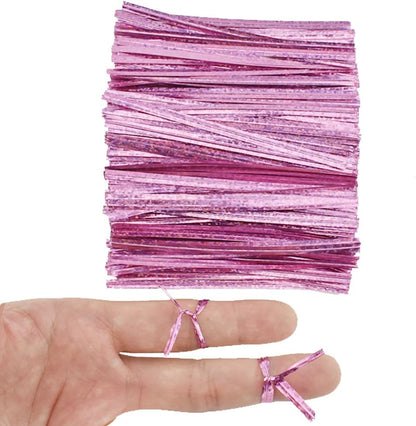 HAHIYO 300Pcs 4inches Holographic Pink Metal Twist Ties Bread Candy Coffee Bag Ties Plant Garden