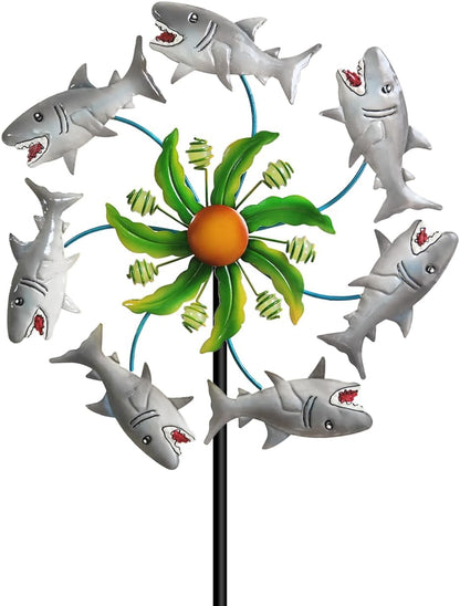 Shark Outdoor Wind Spinners - 39" Ocean-Themed Metal Wind Sculptures Garden Stake Art, 13.5”