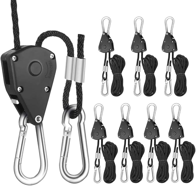 4 Pairs 1/8 Inch Adjustable Heavy Duty Ratchet Hanger Grow Light Fixtures Rope Clip Hangers Hanging