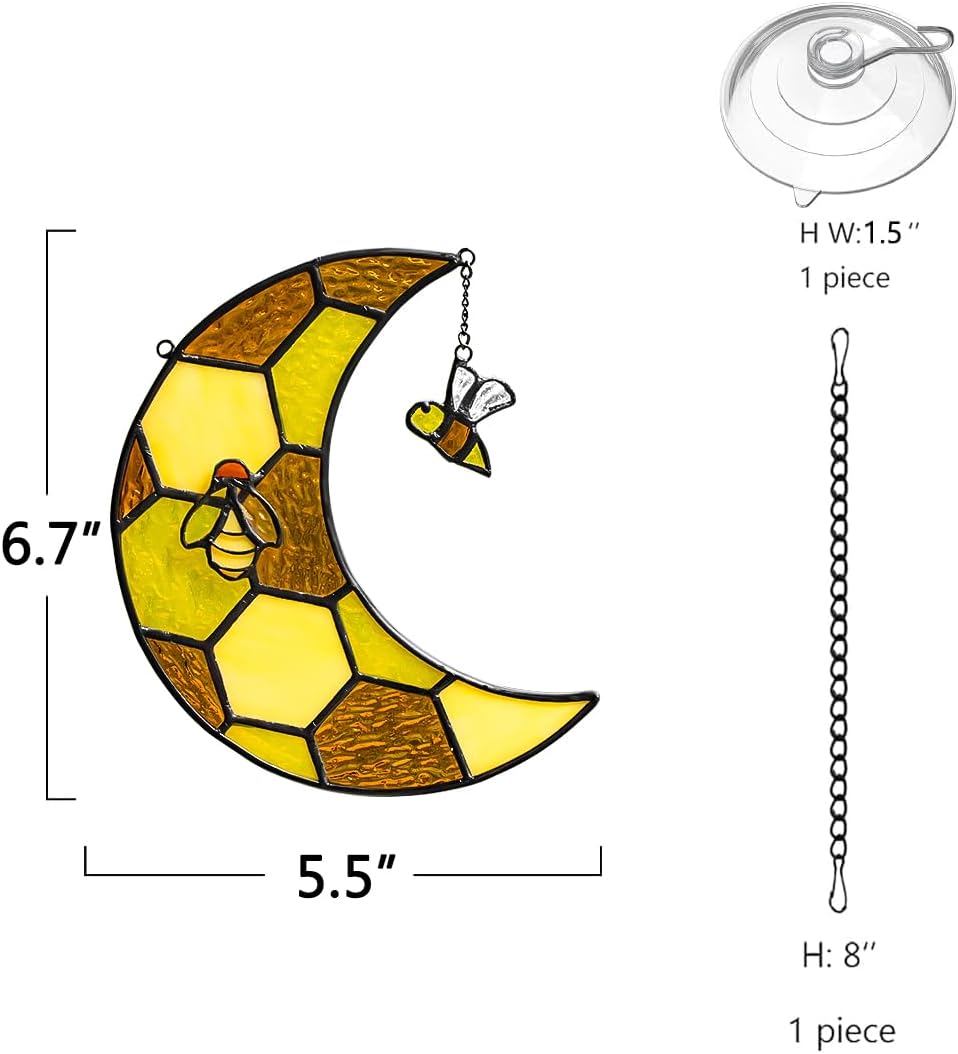 Bee Stained Glass Suncatcher for Window,Honeycomb Stained Glass Window Hanging Moon Decor,Bee Gifts