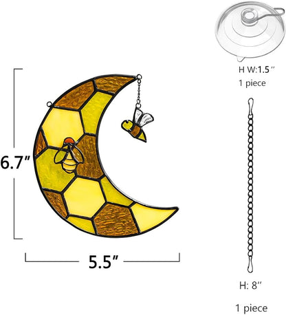 Bee Stained Glass Suncatcher for Window,Honeycomb Stained Glass Window Hanging Moon Decor,Bee Gifts
