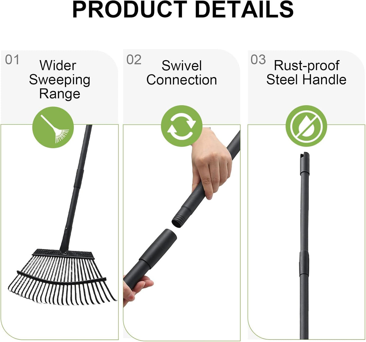 Rake for Leaves, 25 Metal Tines Wide Leaf Rake, 60'' Leaf Rakes for Lawns with Adjustable Steel