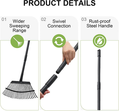Rake for Leaves, 25 Metal Tines Wide Leaf Rake, 60'' Leaf Rakes for Lawns with Adjustable Steel