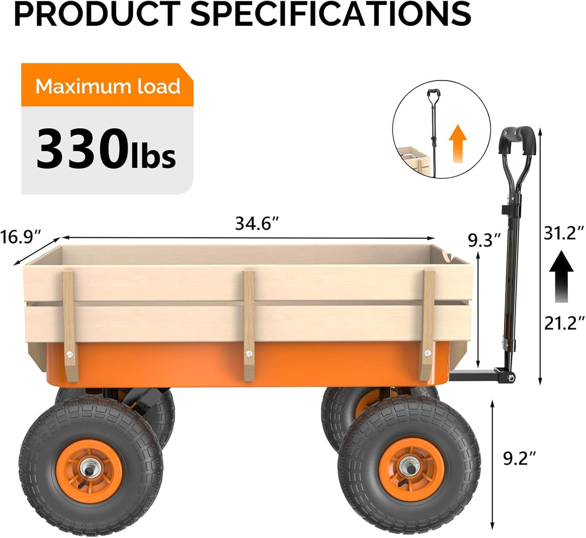 VINGLI Wagon Cart, Steel Frame and Wood Coated Railing, 330lbs All Terrain Wagon 9.2in Solid Tires