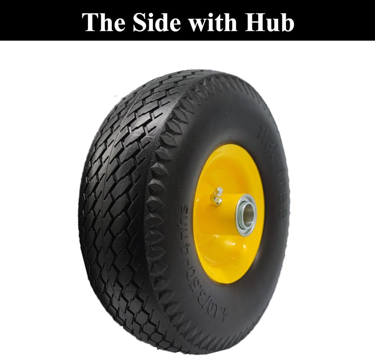 Flat Free 4.10/3.50-4 Hand Truck Tire with 3/4 Axle Bore, 2.2” Offset 10 inch Solid Tire