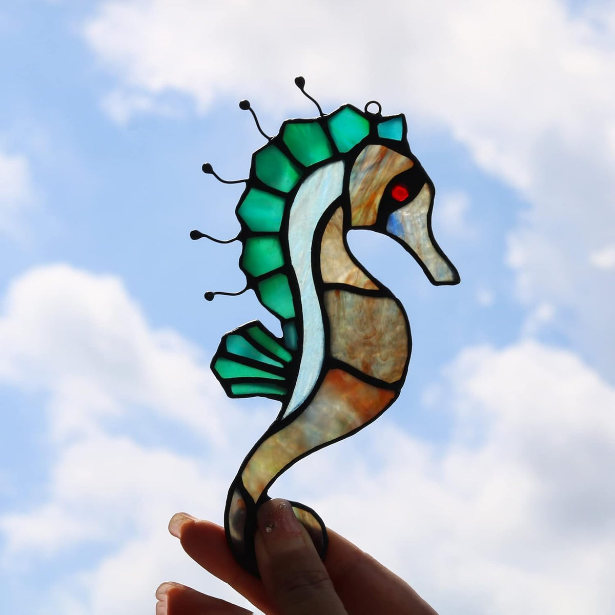 Seahorse Decor Stained Glass Window Hanging,Sea Nautical Gift Suncatcher Hanging Ocean Theme Decor