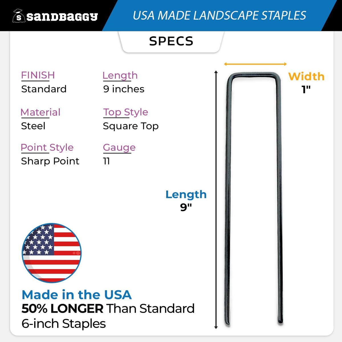 Sandbaggy USA Made 9-inch Landscape Staples - Garden Stakes - Landscaping Fabric, Netting, Sod