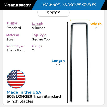 Sandbaggy USA Made 9-inch Landscape Staples - Garden Stakes - Landscaping Fabric, Netting, Sod