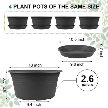 Large Flower Pots Set of 4 Pack 13 inch, Plant Pots Outdoor Planters with Drainage Hole & Tray