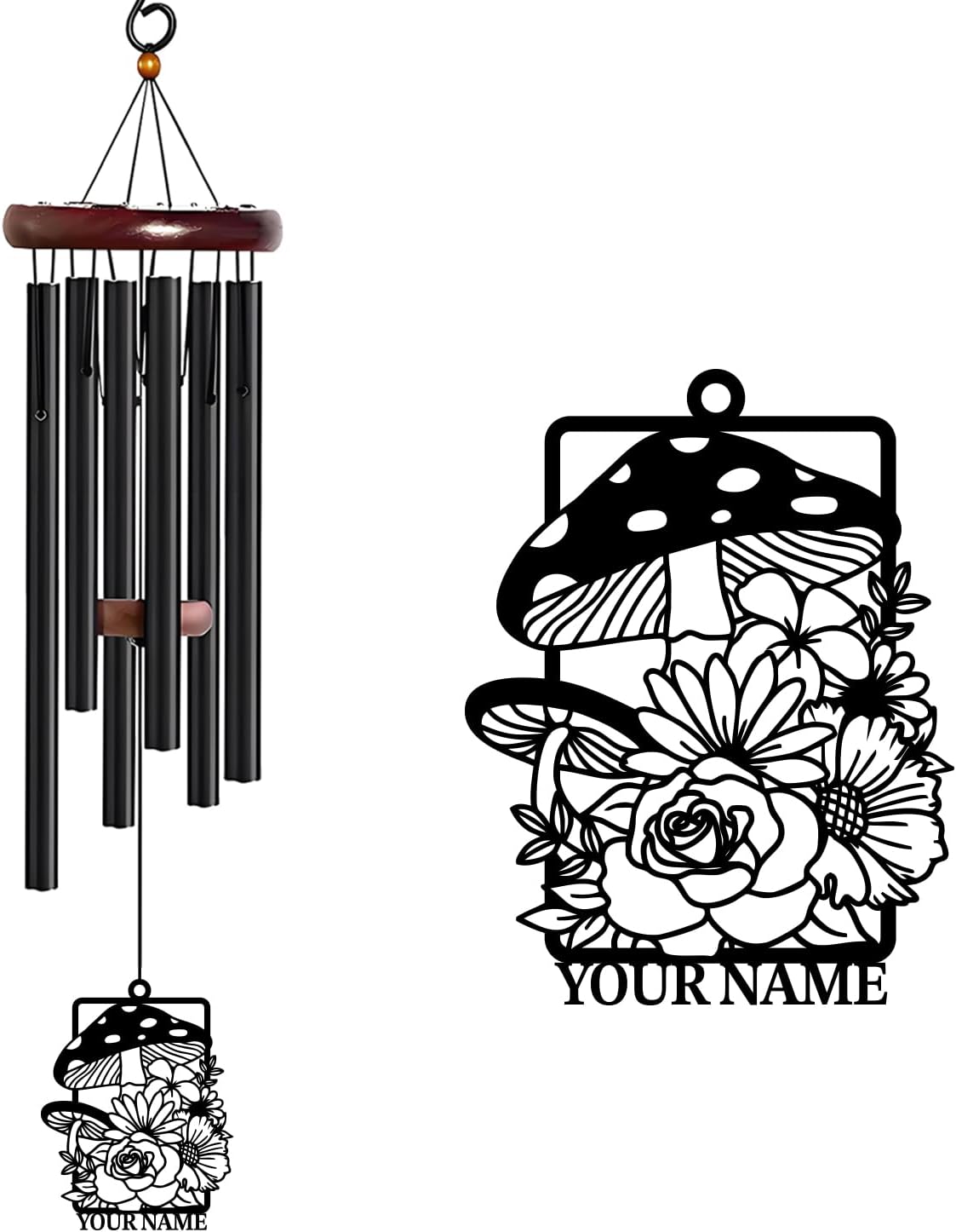 Personalized Customize Name Fantasy Mushroom Wonderland Wind Chime, Metal Iron 37 Inch Outdoor