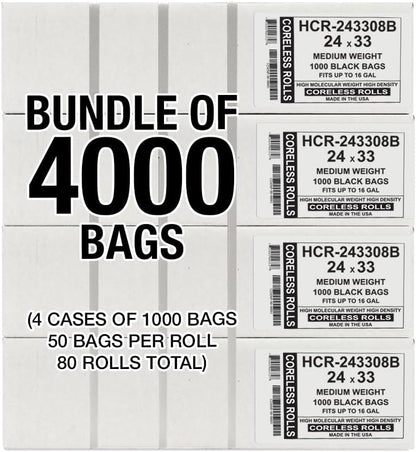 Aluf Plastics High Density Trash Bags, 16 Gallon, 4000 Count, 8 Micron (eq), 24" x 33", Black, for