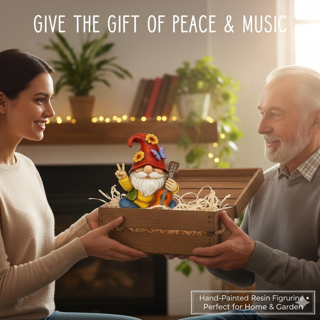Peace Sign Garden Gnome Figurine Outdoor Statue, Funny Guitar Playing Dwarf Rock Music Decor - 6‘’