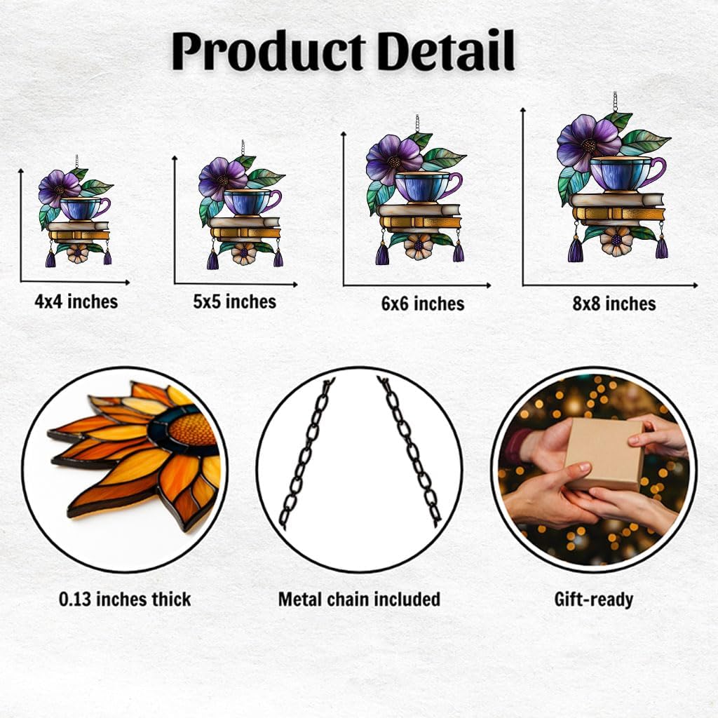 Hibiscus Tea Cup and Books Acrylic Suncatcher Stained Glass Effect Window Car Hanging Christmas