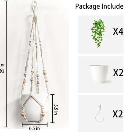 2 Packs Fake Hanging Plant with Pots for Home Decor Artificial Hanging Basket Plants Macrame Plant