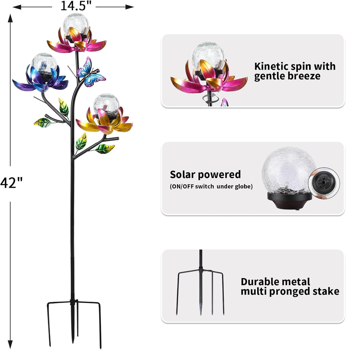 Solar Lights Outdoor Decorative Lotus Flowers Wind Spinner Garden Stake with LED Crackle Balls