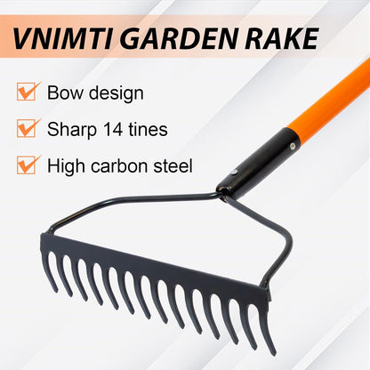 VNIMTI Garden Rake for Gardening, Heavy Duty Garden Rake for Lawns, 14 Tines Bow Rake with