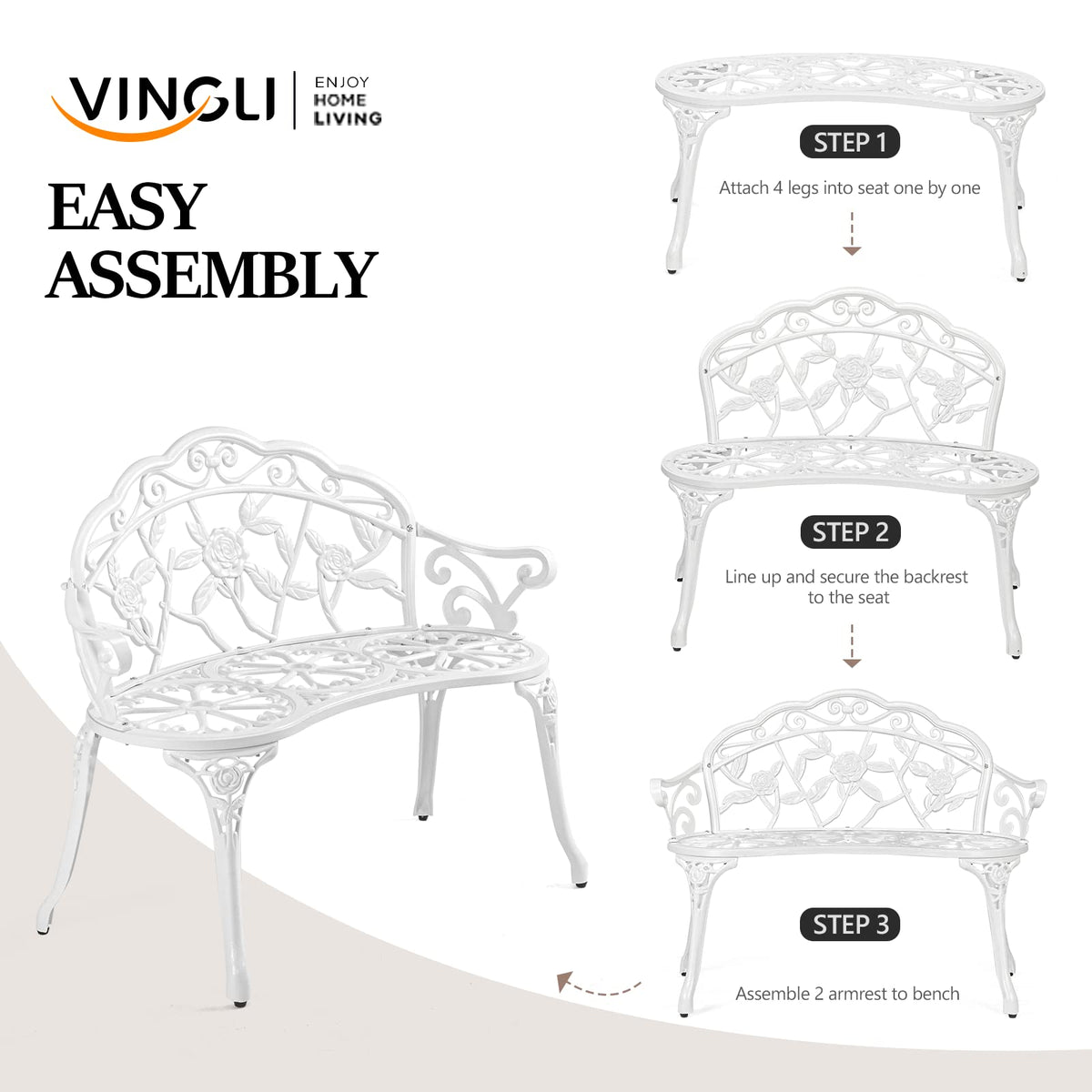 VINGLI 38.5" Patio Park Garden Outdoor Metal Rose Bench, 2-Person Cast Iron Cast Aluminium Frame