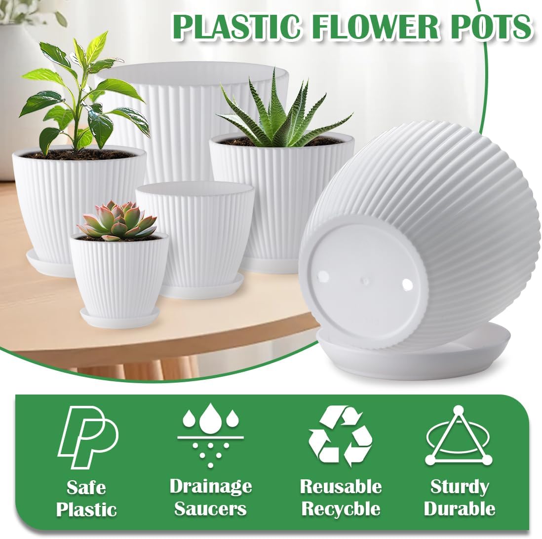7.5/6.5/5.5/4.9/4.2/3.5 Inch Plant Pots with Drainage Holes and Saucer, Plastic Flower Pots for