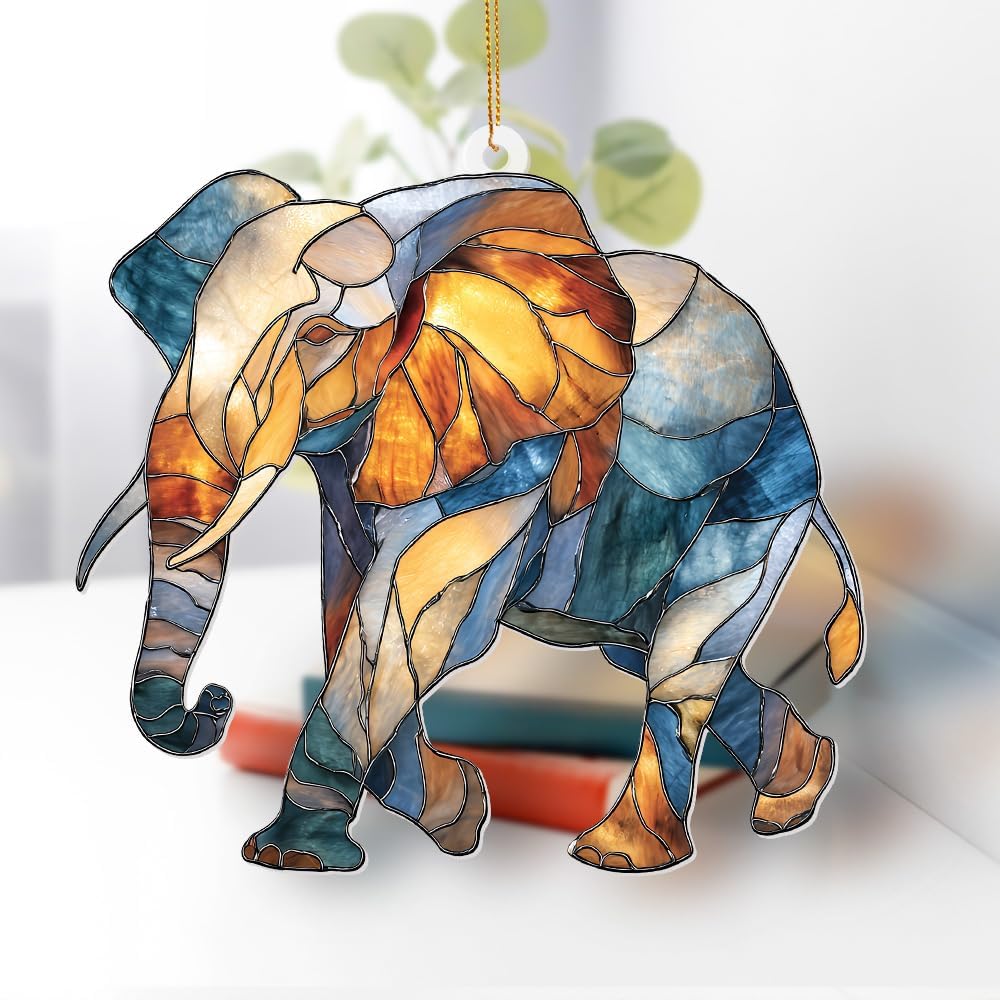 Elephant Ornament Stained Glass Style Acrylic – Window Hanging Suncatcher, Elephant Gifts for