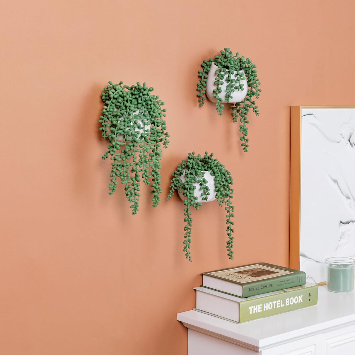 MyGift Artificial Faux String of Pearls Plants in White Ceramic Wall Hanging Planter Pot with Jute